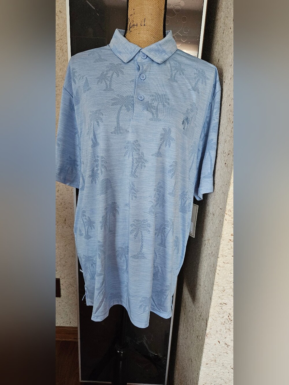 Men's Light Blue Palm-Print Polo Shirt